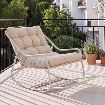 Rocking Chair with Extended Footrest, Cozy Lounge Chair with Thick Cushion-Wrapped Frame for Outdoor & Indoor Heavy Duty Steel Frame, Max 350lbs, Beige