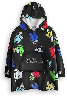 Among Us Boys Wearable Blanket Hoodie | Kids Multi-Coloured Crewmates & Imposter Character Print Hooded Pullover in Black Price In India