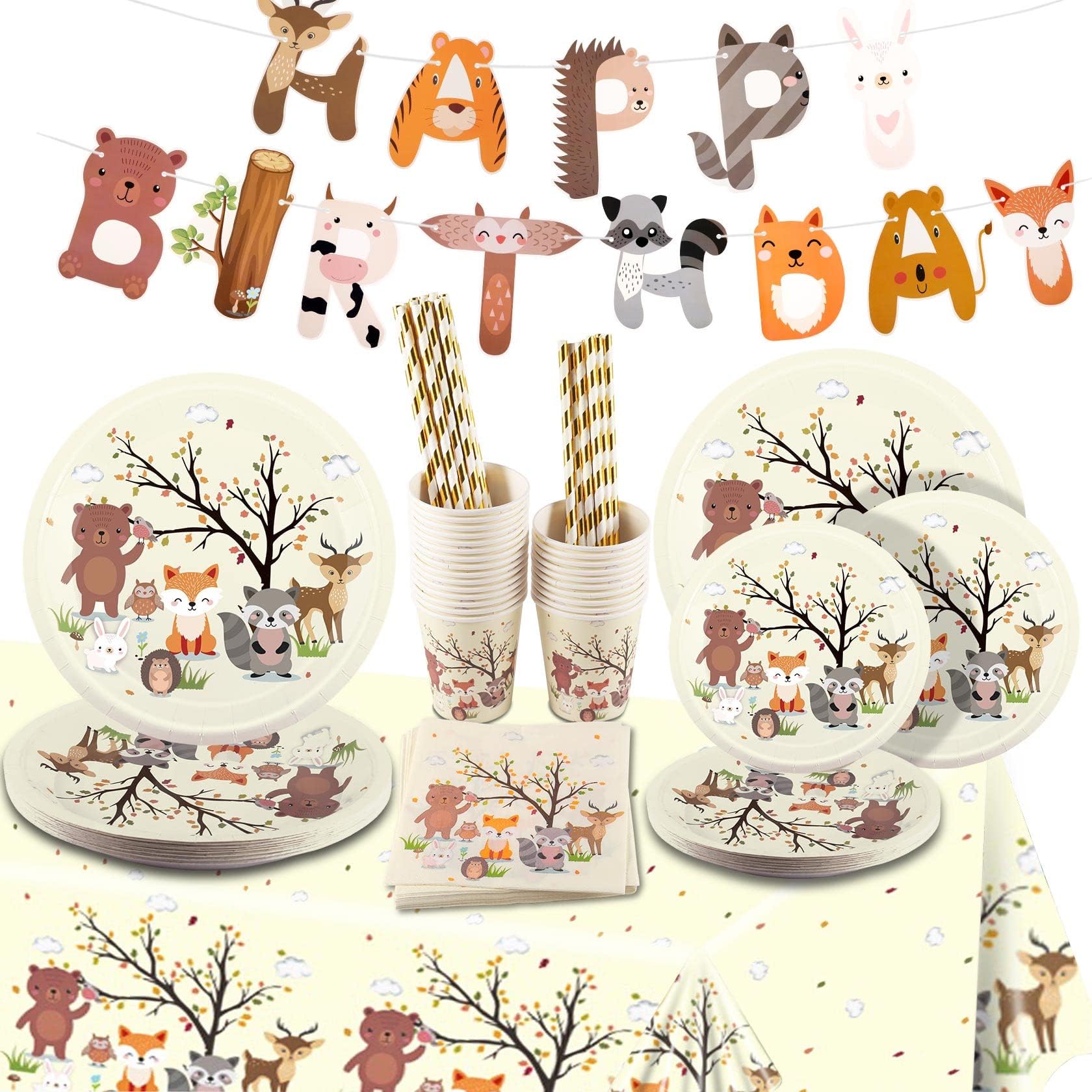 Heboland Stoviglie Animali del Bosco, 125pcs Stoviglie per Feste di Compleanno - Piatti e
