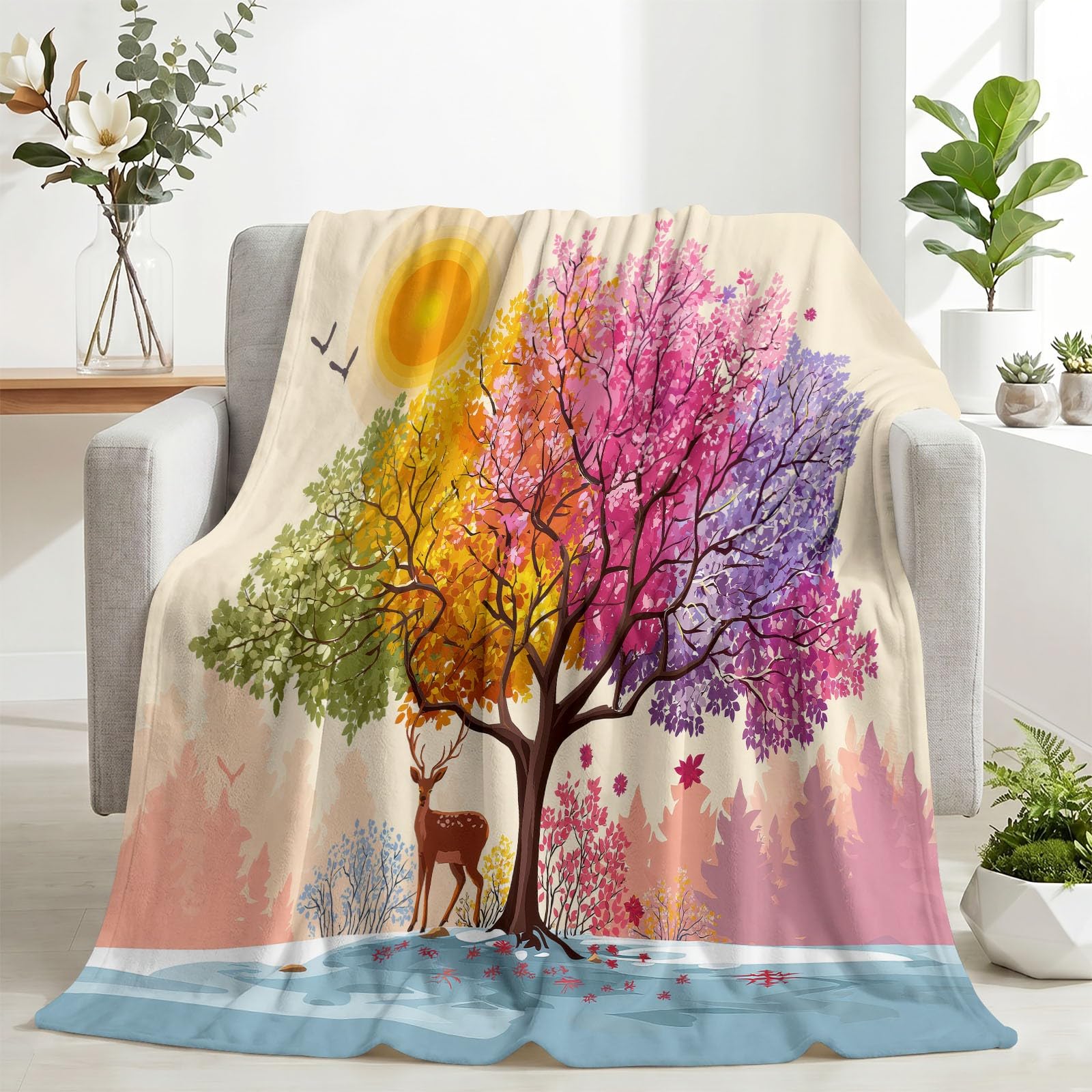 Pintura Acuarela Mantas Plaid Árbol Estaciones Ciervo Luna