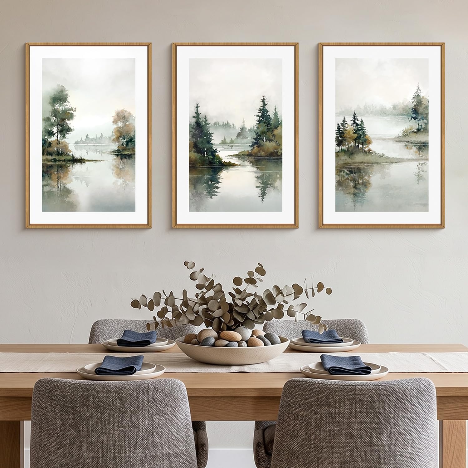 Large Foggy Forest Landscape Framed Canvas Wall Art Set,Natural Lake Scenery Wall Decor,Watercolor Pine Tree Art Painting for Living Room,Bedroom,Dining Room,Office -24"x36"x3 image 3