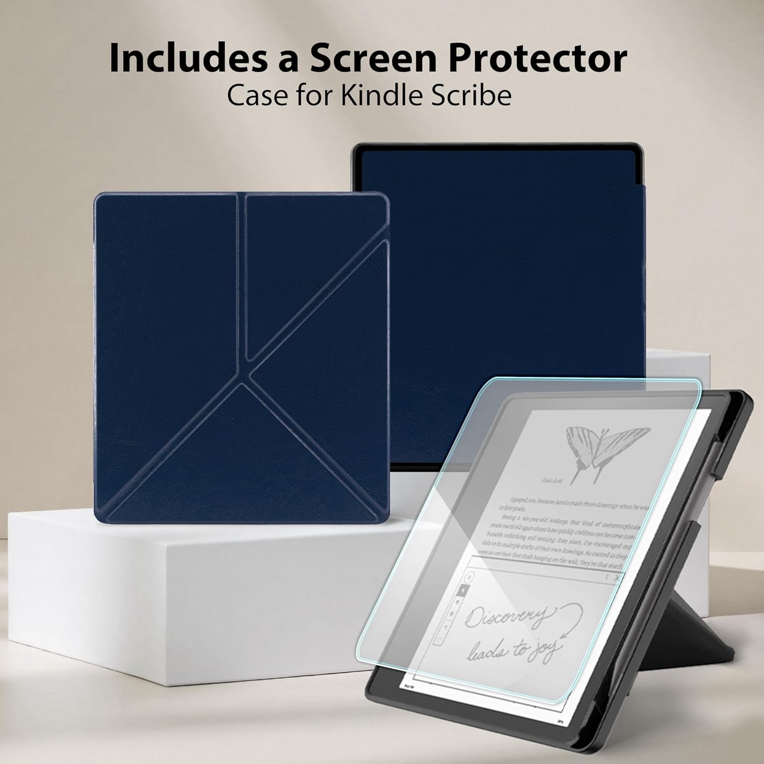Origami Case for Kindle Scribe with Pen Holder (2024/2022 Release), Includes a Screen Protector - Lightweight 10.2 Inch Cover Compatible with Kindle Scribe with Auto Wake/Sleep (Navy Blue, 10.2 inch)