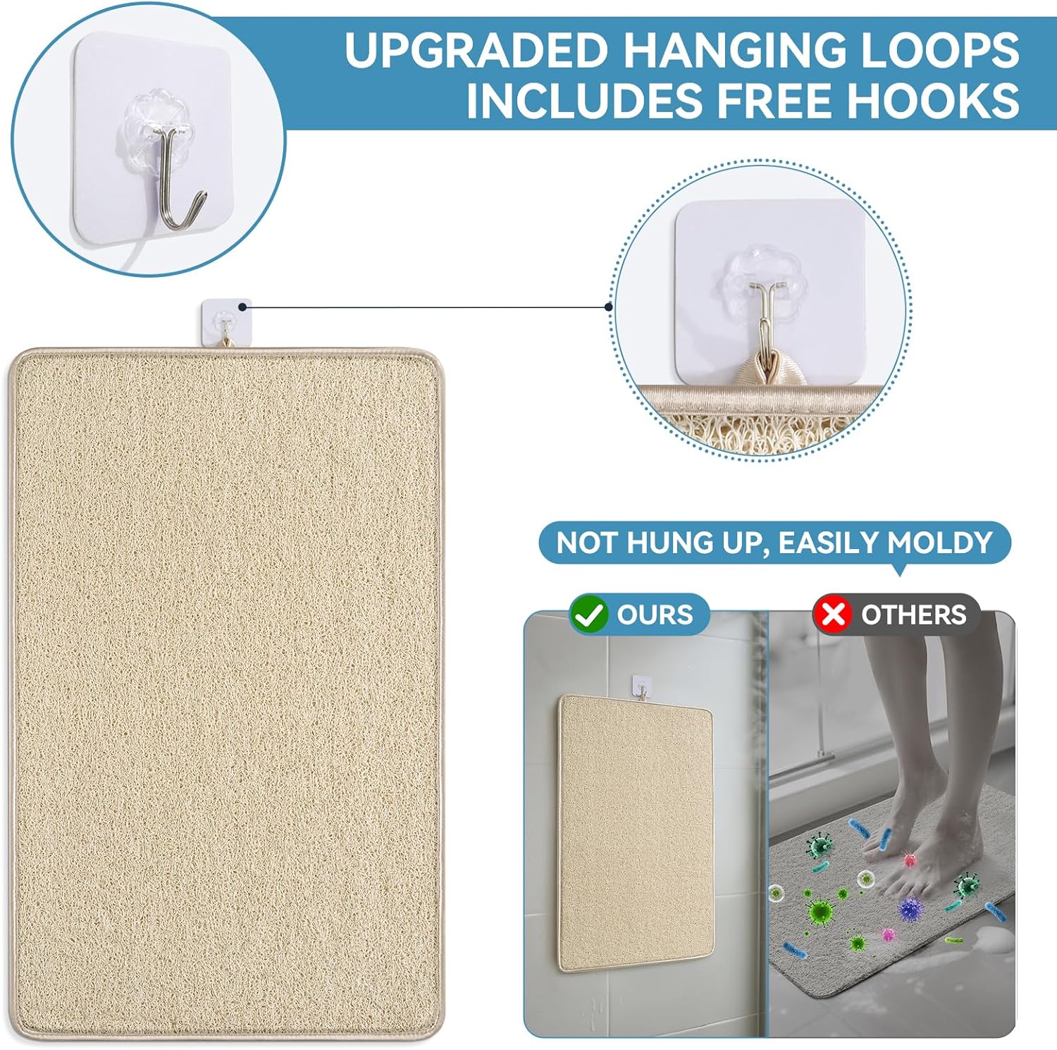 Non Slip Shower Mat Bathtub Mat 20x32 Inch, Quick Dry Bath Mat with Drain, Soft PVC Imitation Loofah Foot Scrubber Bath Mats for Bathroom Tub Shower Floor, Hangable & Hook Included, Beige