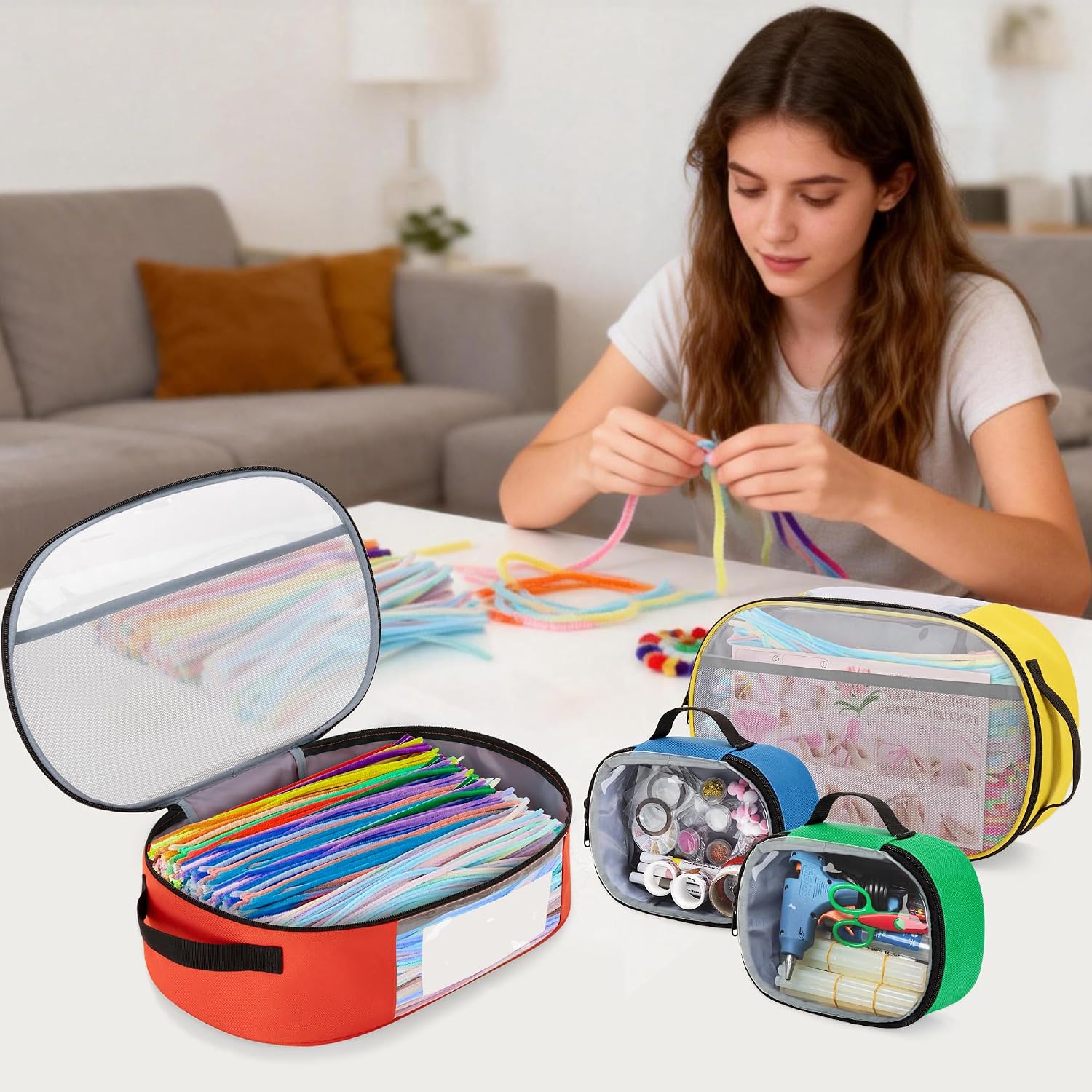 Rexmica 4 Pack Pipe Cleaners Craft Storage Bag, Chenille Stems Organizer Case, Empty Storage Case for Pipe Cleaners DIY Art Craft Supplies, Projects Creative DIY (Bag Only, DIY Supplies Not Included)