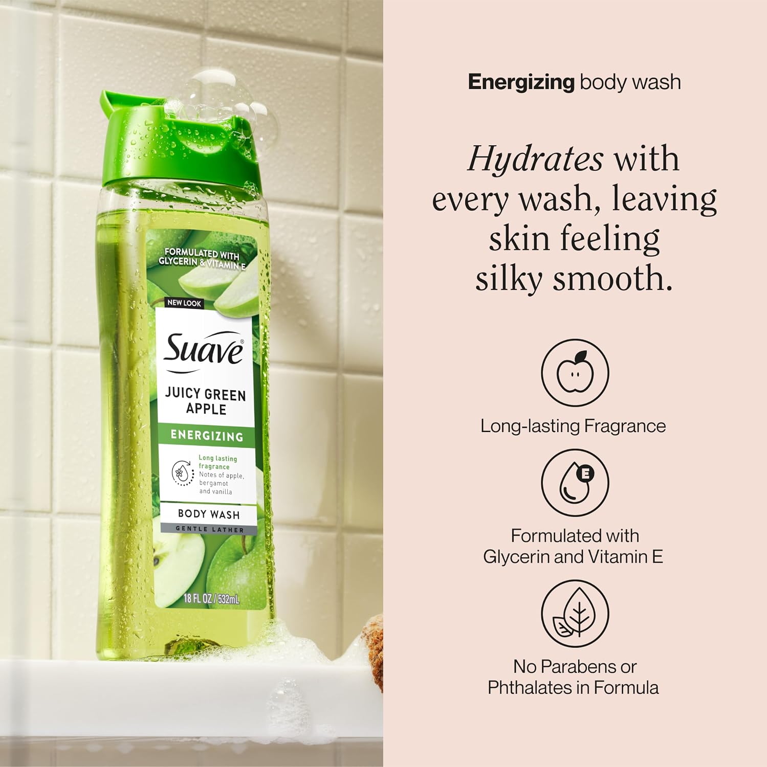 Suave Moisturizing Body Wash, with Juicy Apple and Vitamin E Extract, No Parabens, No Phtahaltes, 18 Oz Pack of 6 image 2