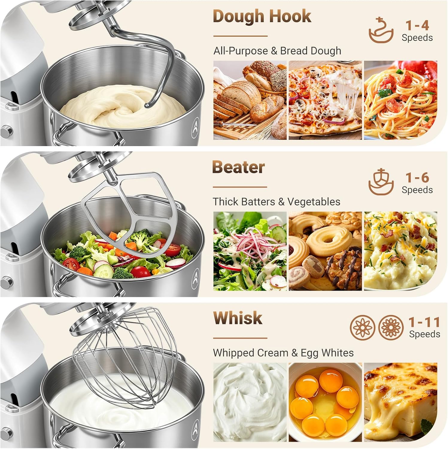 ZACME 8.5QT Commercial Stand Mixer 1000W with Aluminum Die Casting Meets the Standard of NSF/ANSI 8-2023, 11 Speeds Electric Stand Mixer, Tilt-Head Dough Mixer with Bowl, Dough Hook, Whisk and Beater image 3