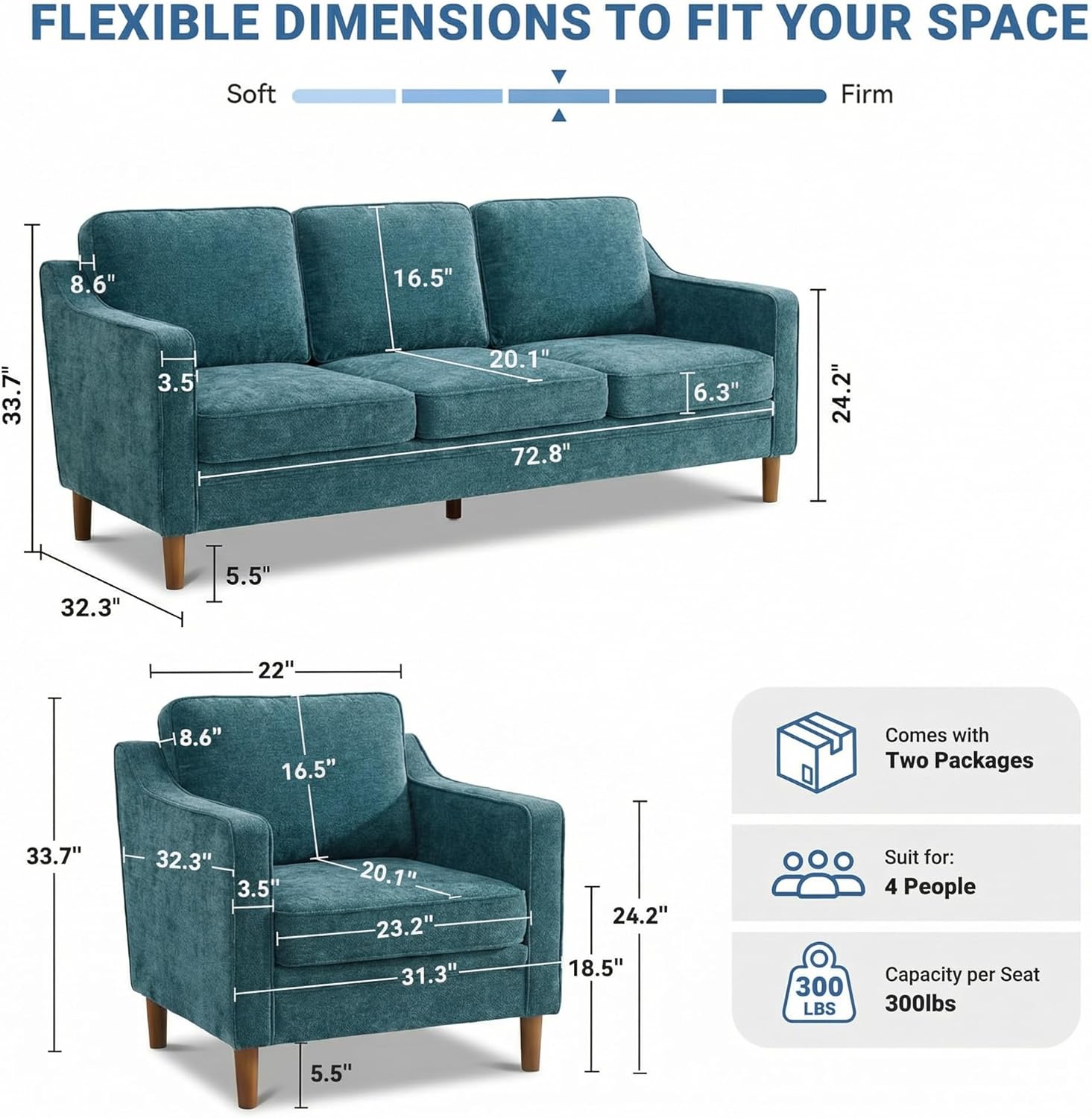 Kingfun Living Room Furniture Sets, 3 Seater Couch and Armchair, Mid Century Modern Sofa Set, Chenille Couch with Solid Wood Frame for Living Room & Bedroom, Water Green