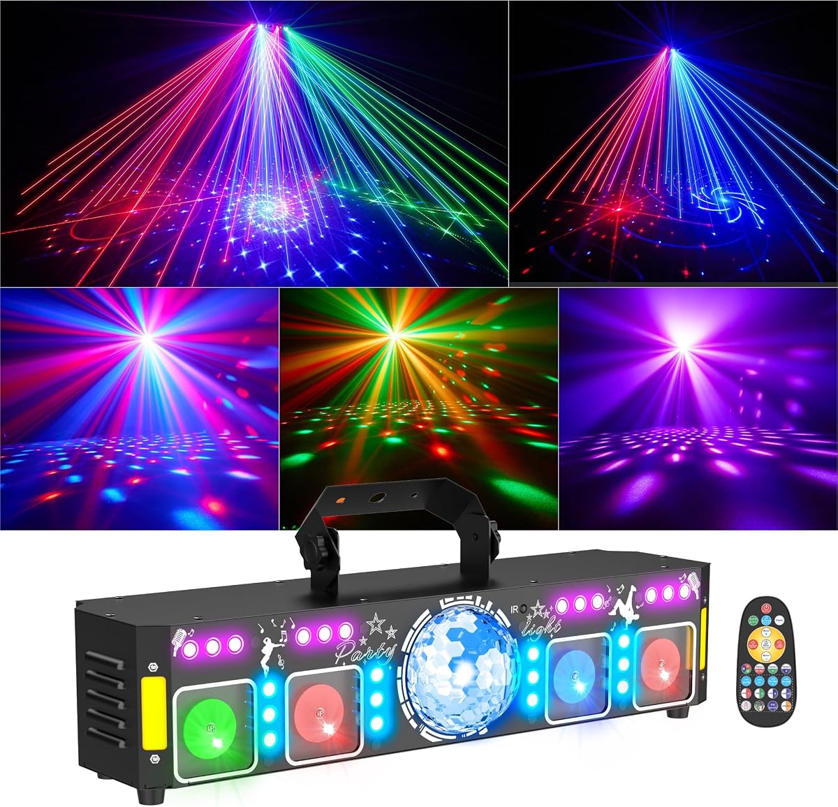 DJ Party Light with RGB Laser, UV Blacklight, Disco Ball & DMX512 | 6-in-1 effects with gold strobe, sound-activated and remote modes; ideal for 250-350 sq. ft. karaoke and party rooms