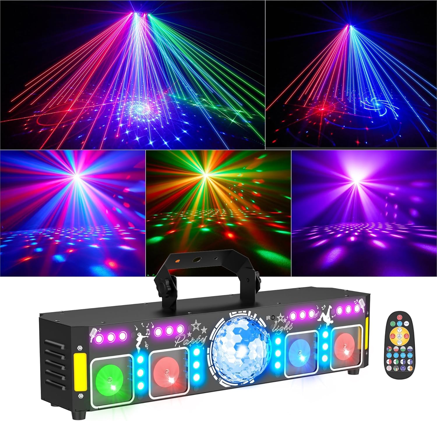 7-in-1 DJ Lights for Parties-Pro DMX512 Laser Light Show with Disco Ball, RGB and Gold Strobe, UV Black Lights - Sound Activated LED Lighting for Home, Karaoke, Birthday and Small DJ Events - AUSMAWEE