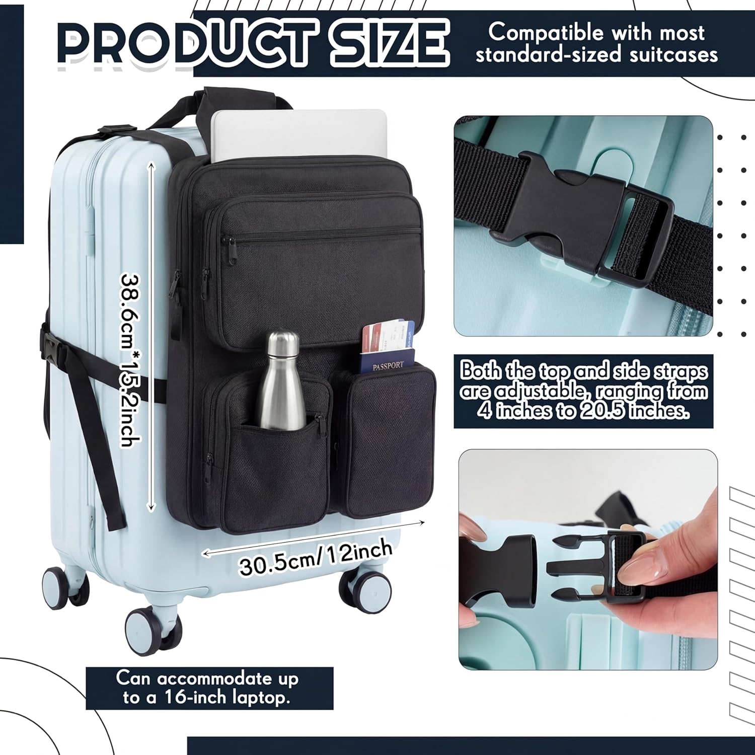 Sadnyy Over Luggage Organizer for Suitcase & Carry On, Two Sided Slide On Harness Bag with 16" Laptop Sleeve, Multi Pockets, Waterproof Oxford Cloth, Adjustable Straps