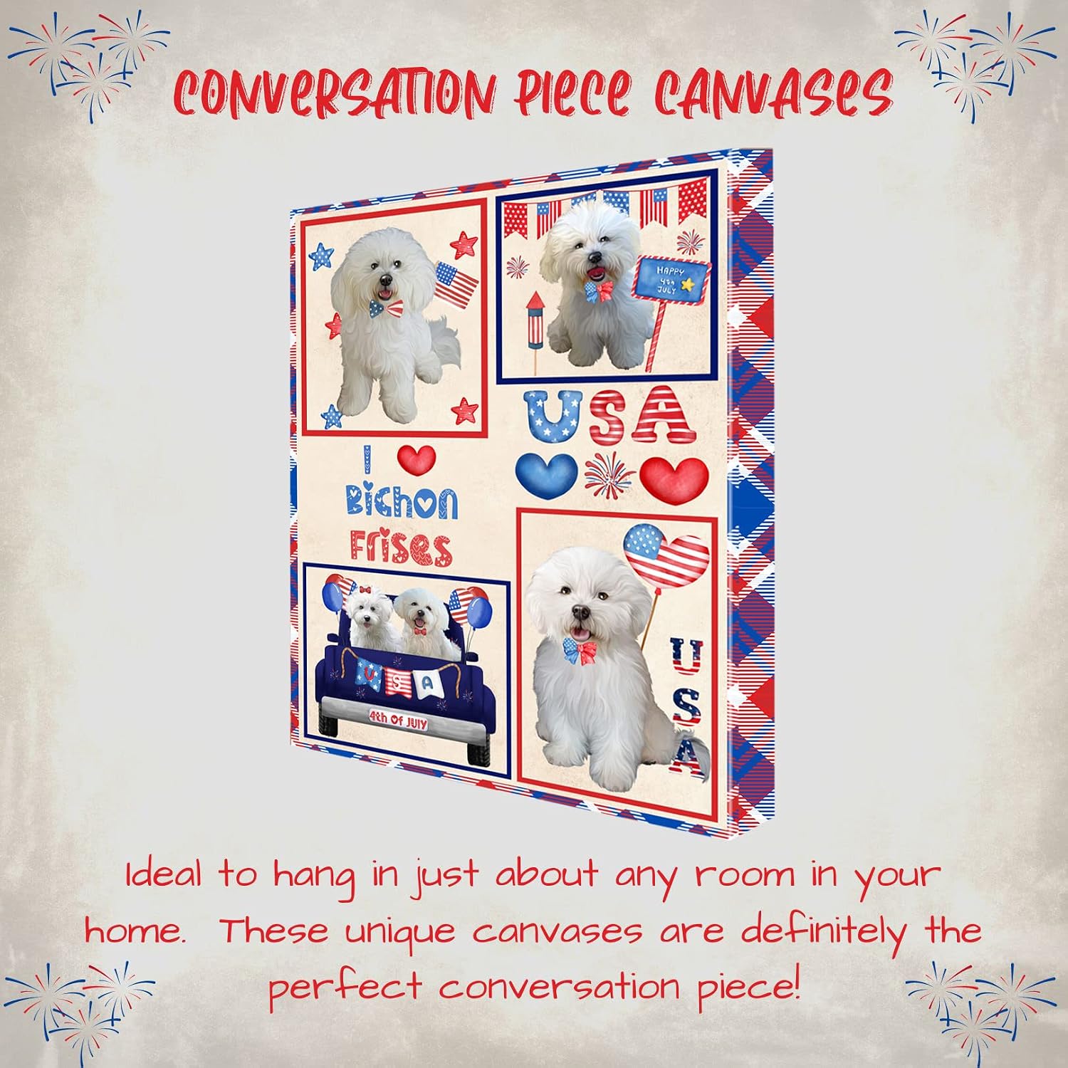Doggie of the Day I Love USA with Bichon Frise Dogs Canvas Wall Art - Premium Quality Ready to Hang Room Decor - Flat Rolled 20" x 24"