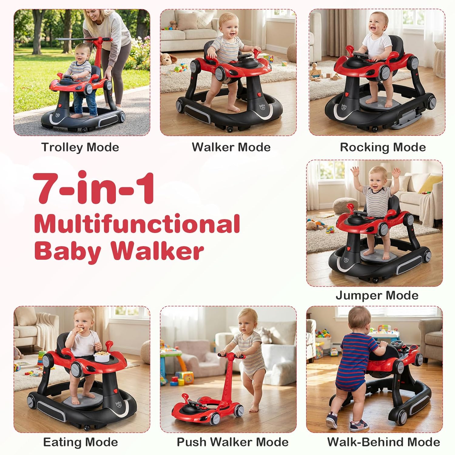 BABY JOY 7-in-1 Baby Walker, Foldable Baby Walker and Bouncer Combo with Handle, Adjustable Height & Speed, Music, Lights, Rocker/Push Mode, Baby Walker with Wheels for Boys Girls 7-18 Months (Red)