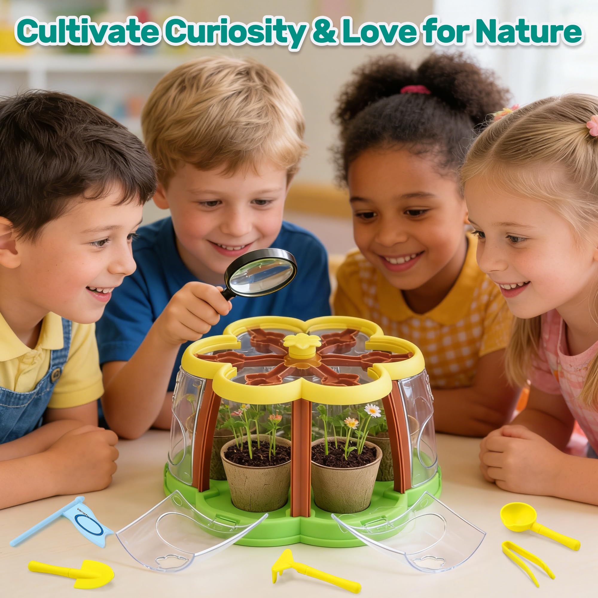 Cute Stone Ensemble de Jardinage Enfants, Kit de Culture de Plantes avec brouette, 3 Outils de Jardin en métal, Serre Enfants avec système d'irrigation amélioré, Jouets d'intérieur et d'extérieur