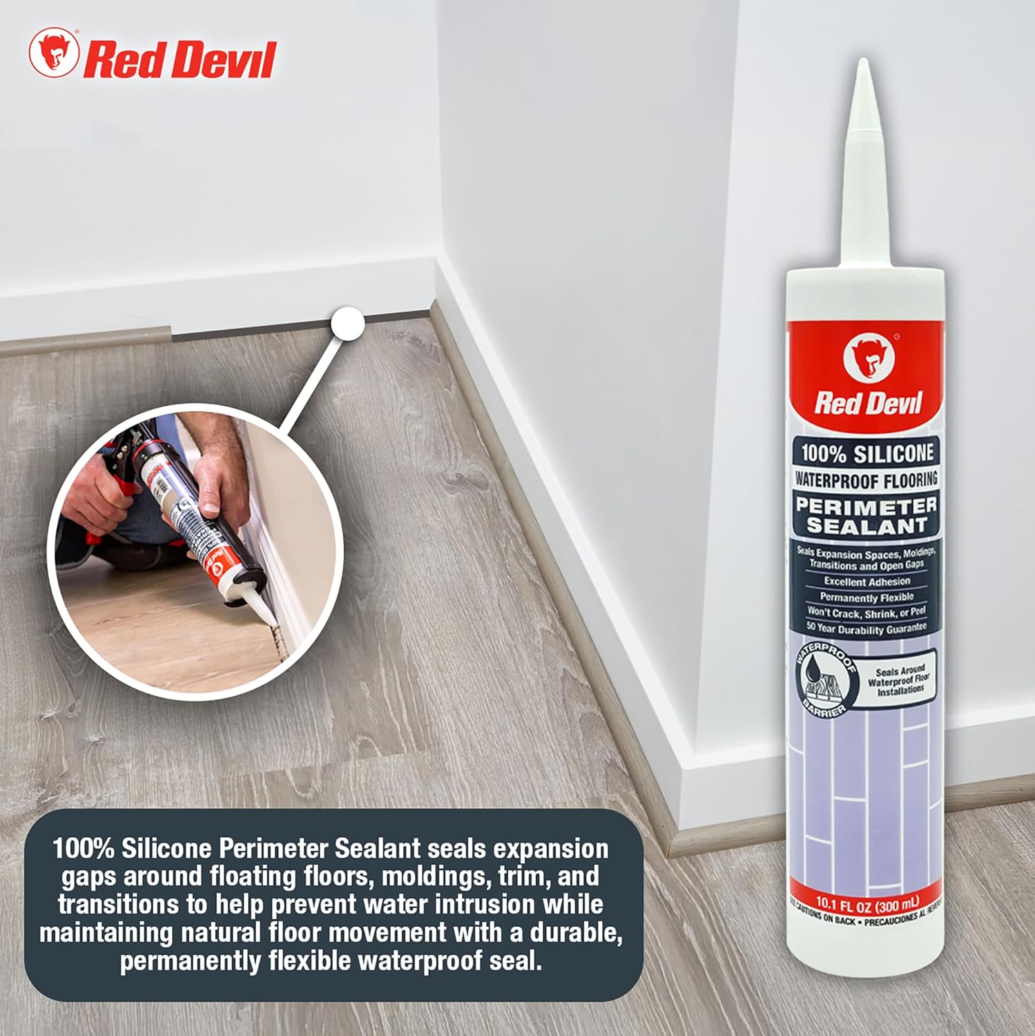 Red Devil 082550 100% Silicone Waterproof Flooring Perimeter Sealant, 10.1 oz., Medium Gray, 4 Pack