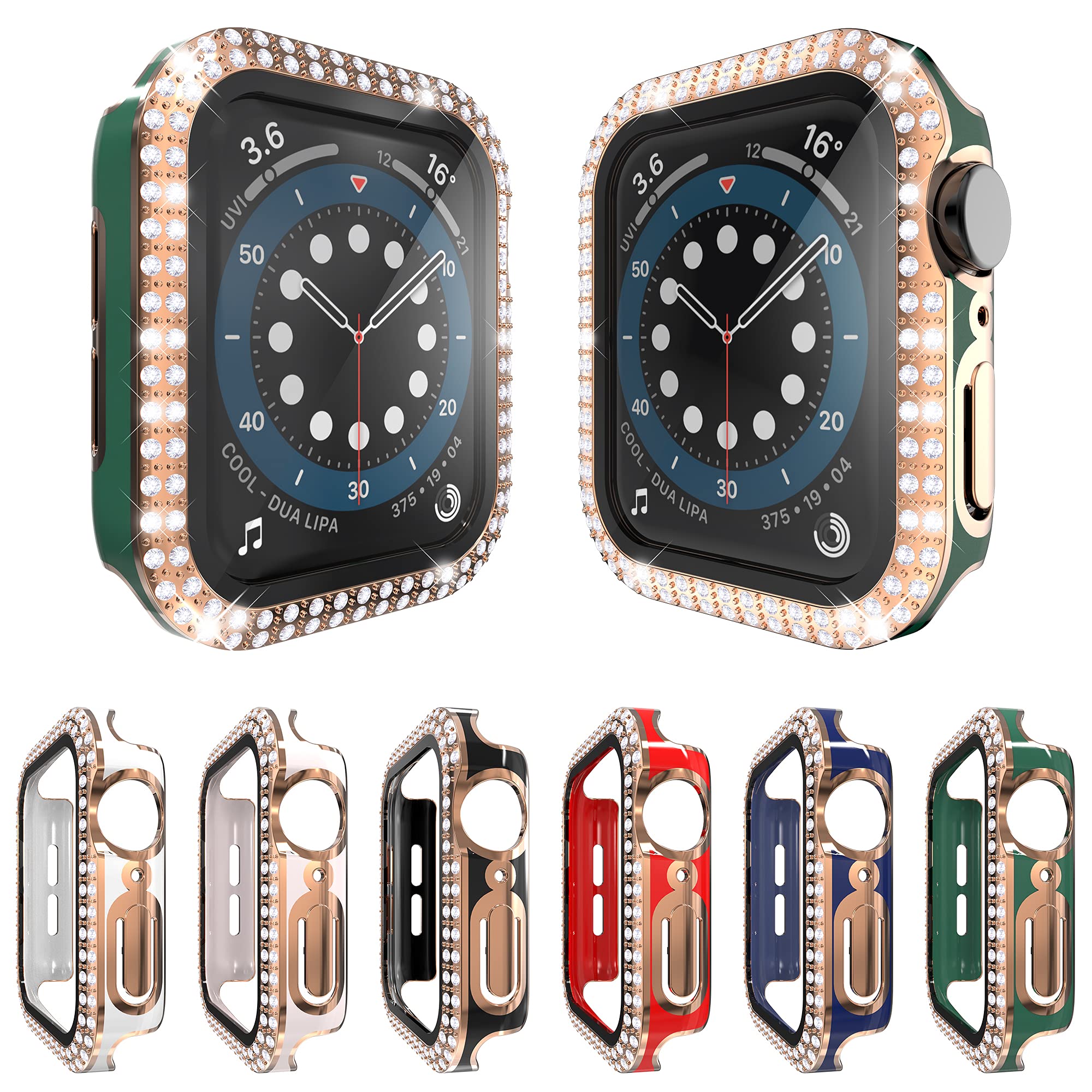 RICHONE Compatible with Apple Watch Series 3 2 1 38mm Case, [6-Pack] Bling Diamonds Cover with 3D Tempered Glass Screen Protector Bumper (Rose Gold Series, 38mm)