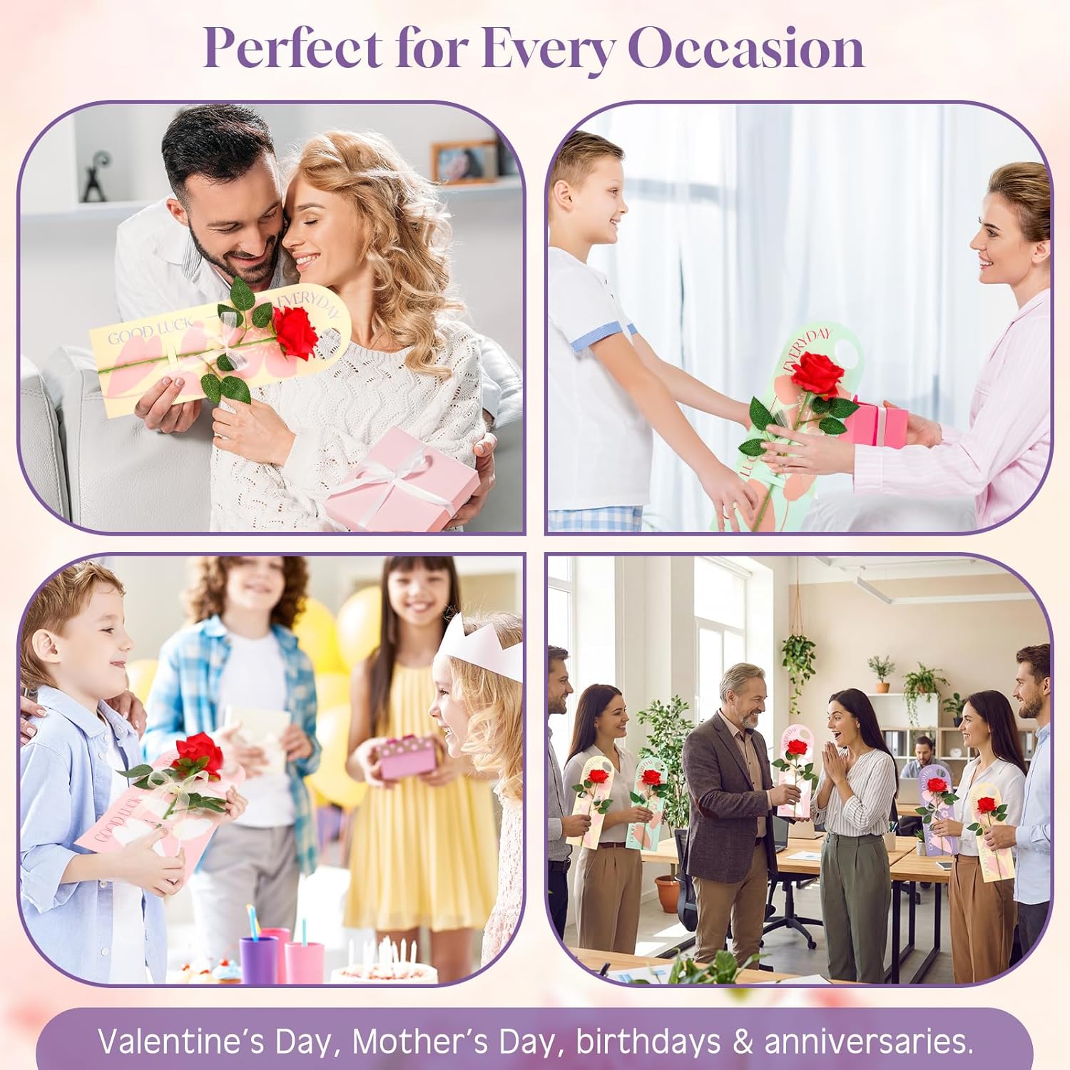Giegxin 20 Sets Mother Day Single Rose with Flower Cards, Handheld Artificial Flower Fake Rose Wrapping Floral Bouquet Teacher Gift for Employee Women Girlfriend DIY Supplies