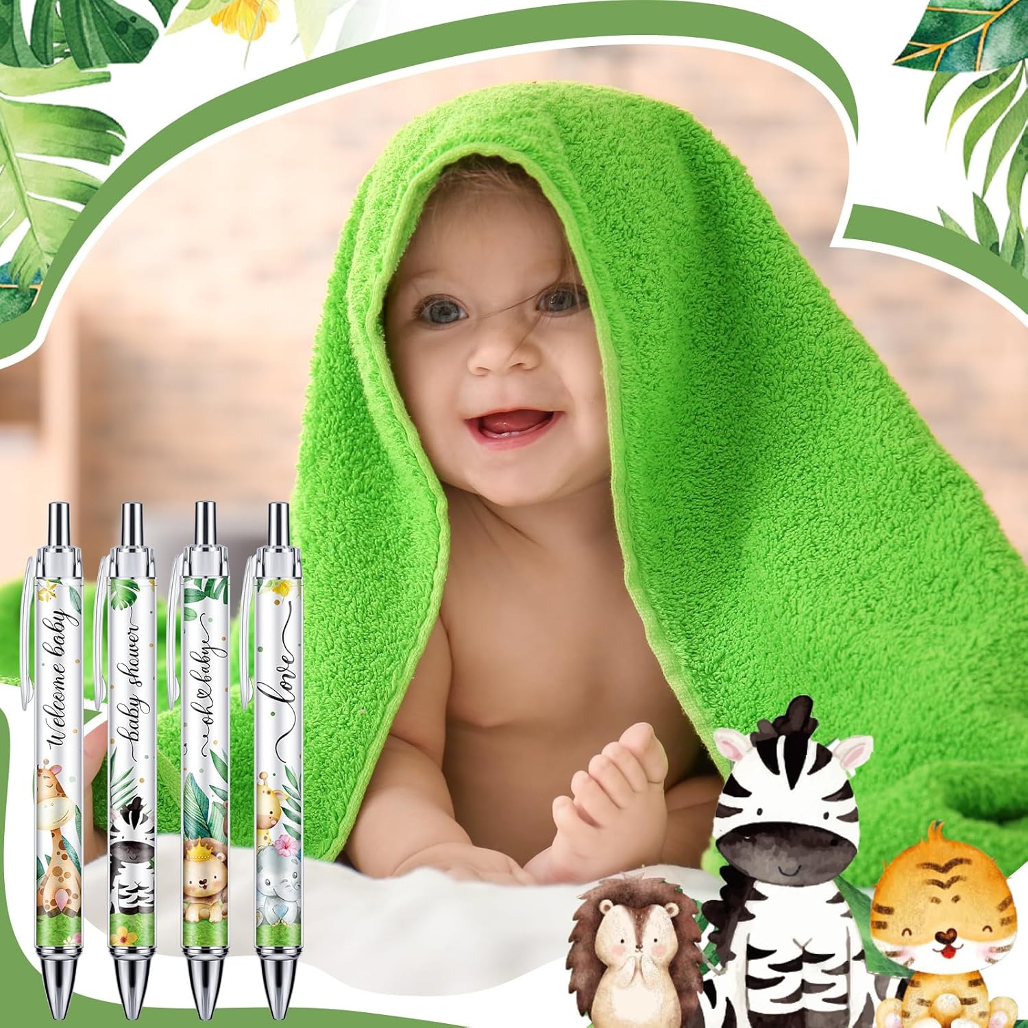 Chuangdi 48 Pcs Baby Shower Pens, Bulk Party Favors for Guests, Retractable Ballpoint Pens Black Ink, Baby Shower Gifts & Game Prizes(Safari Animal)