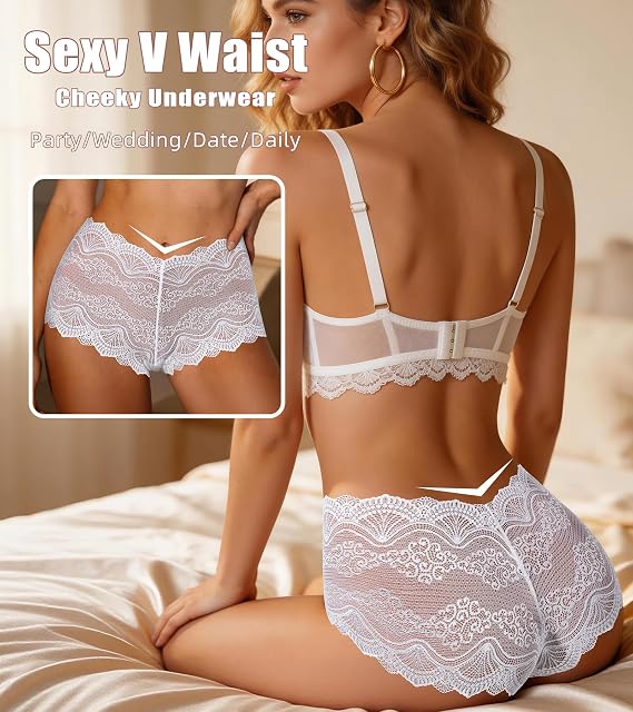 Sexy Underwear for Women High Waisted Cheeky Panties Lace Boyshorts Comfort V Waist Ladies Panty 3 Pack
