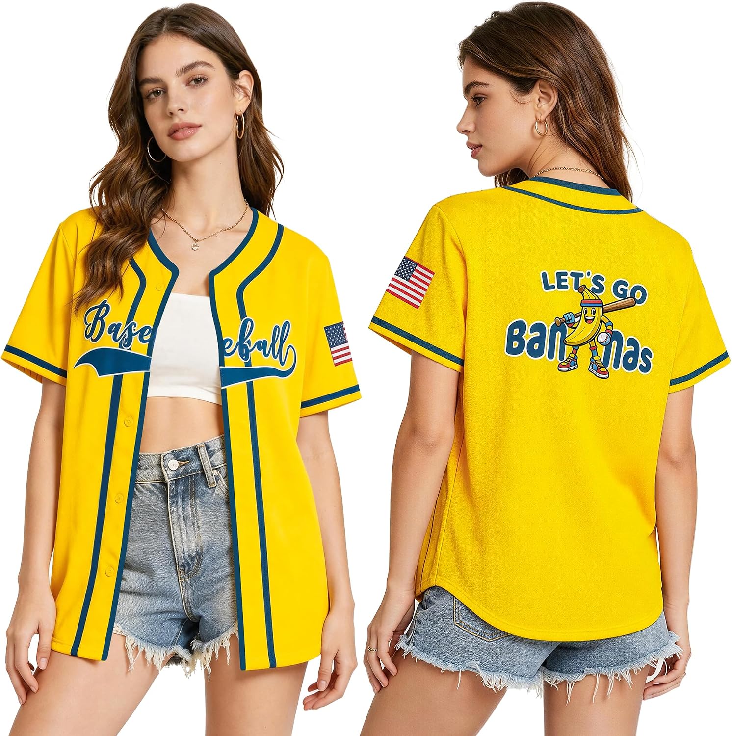 KPOP Women's Yellow Banana Baseball Jersey | Breathable Mesh, Button Down, Let's Go Bananas Graphic, Gameday Tops