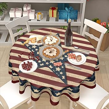 4th of July Tablecloth Round 60 Inch Patriotic Independence Day American Flag Table Cloth Wrinkle Resistant USA Stars Stripes Table Cover Decorative for Home Kitchen Dining Indoor Party Picnic