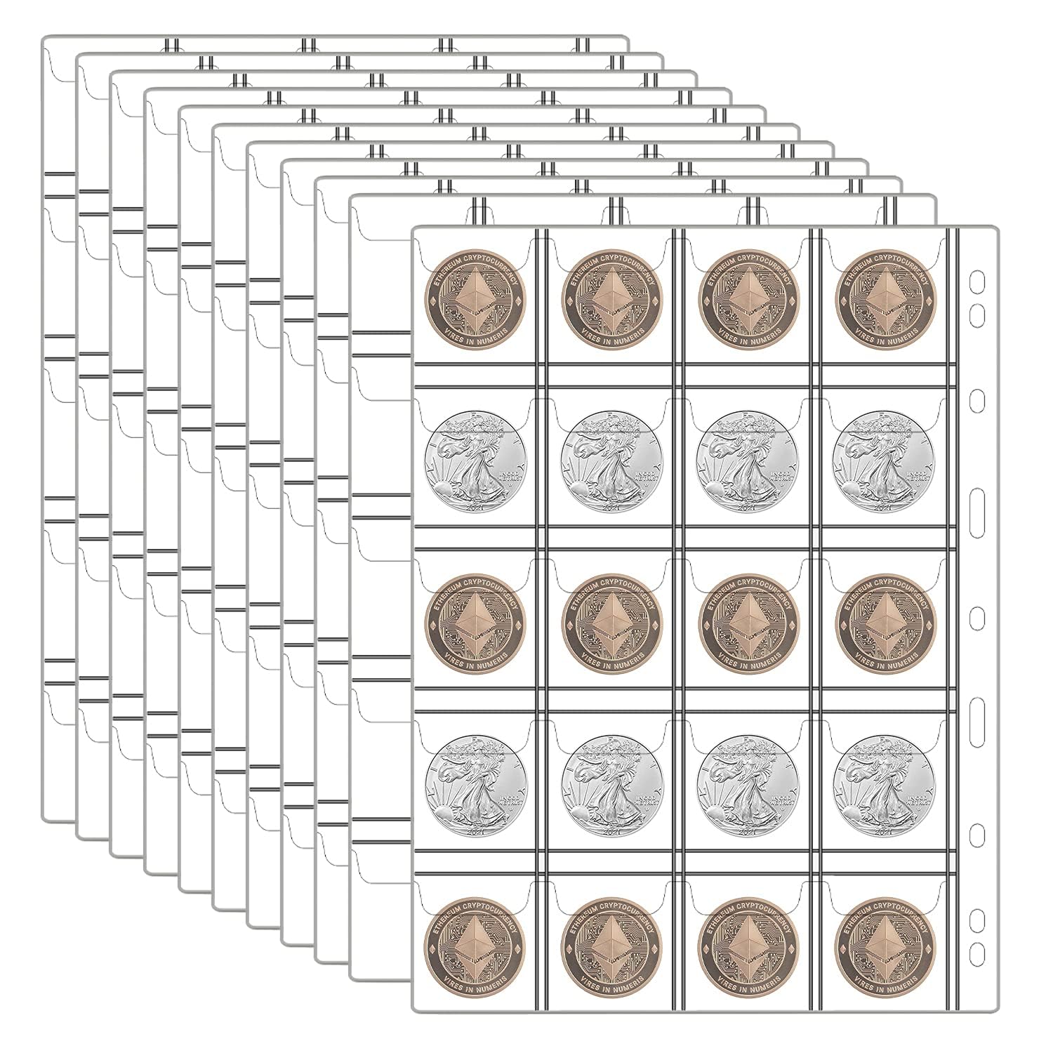 12 Sheets Coin Collection Pages, Coins Pocket Page with 240 Pockets, Coin Binder Inserts Sleeves with Standard 9 Hole for Coin Album. Storage Holder for Currency, Stamp and Other Supplies (20 Pockets)