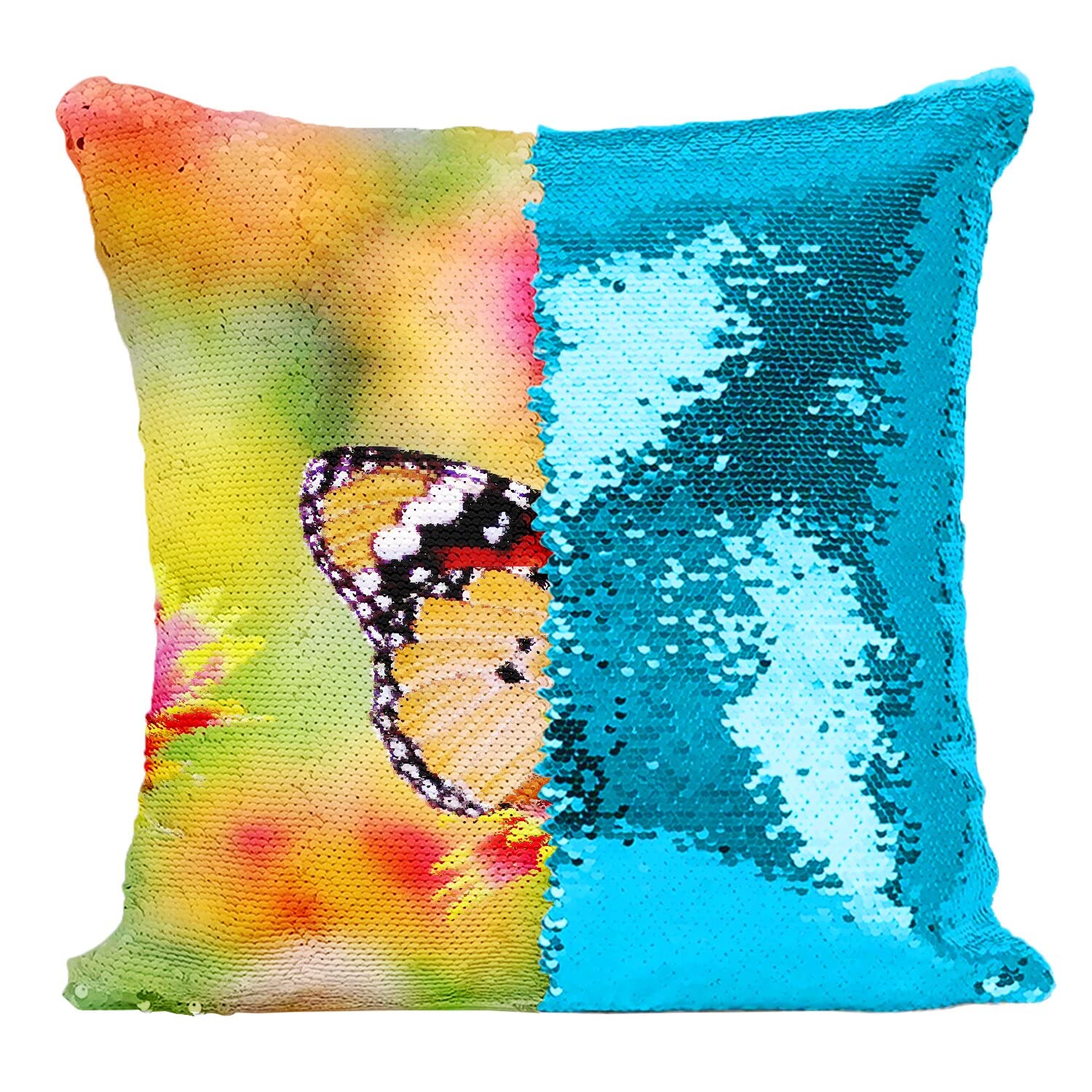 Housse sequin papillon reversible turquoise pour changer de style deco