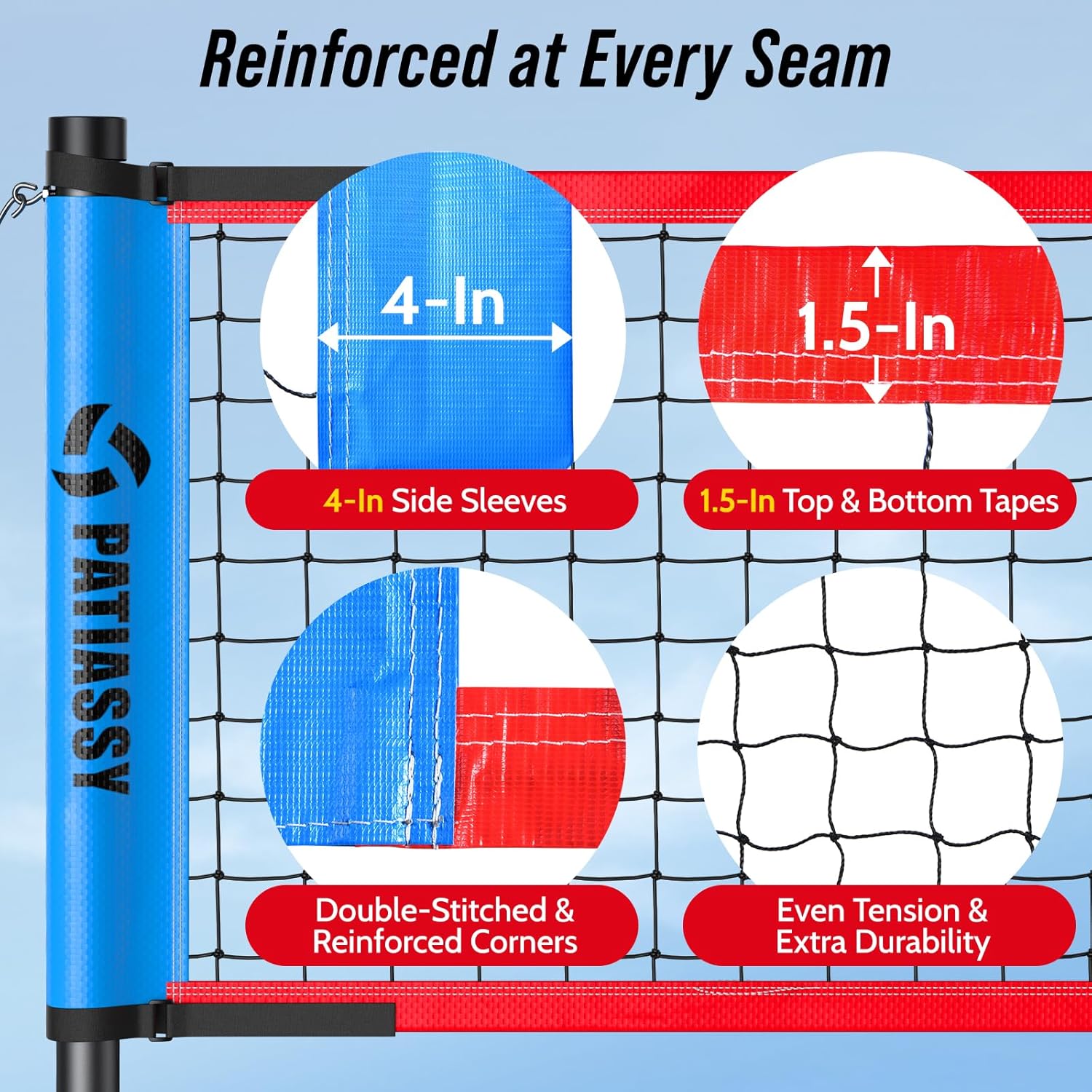 Volleyball Net Set with Adjustable Width (20FT/26FT/32FT), Height Adjustable Outdoor Net System for Backyard Beach, Anti-Sag Tension Strap, Steel Stakes, Volleyball with Pump, Scoreboard & Carry Bag