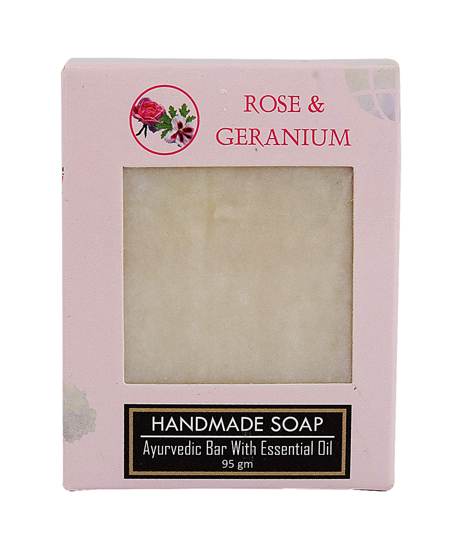Sugandhim Handmade Soap Rose & Geranium, Luxurious Ayurvedic Bath Soap Snanin For Face & Body, 95 gms x 1, Natural Deodorizer, Cold Pressed Oils, Essential Oils