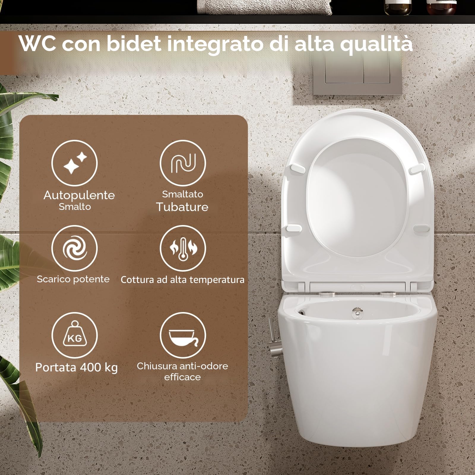Taharet WC doccia con ugello integrato, sedile sospeso senza bordo, funzione bidet, doccia con rubinetto