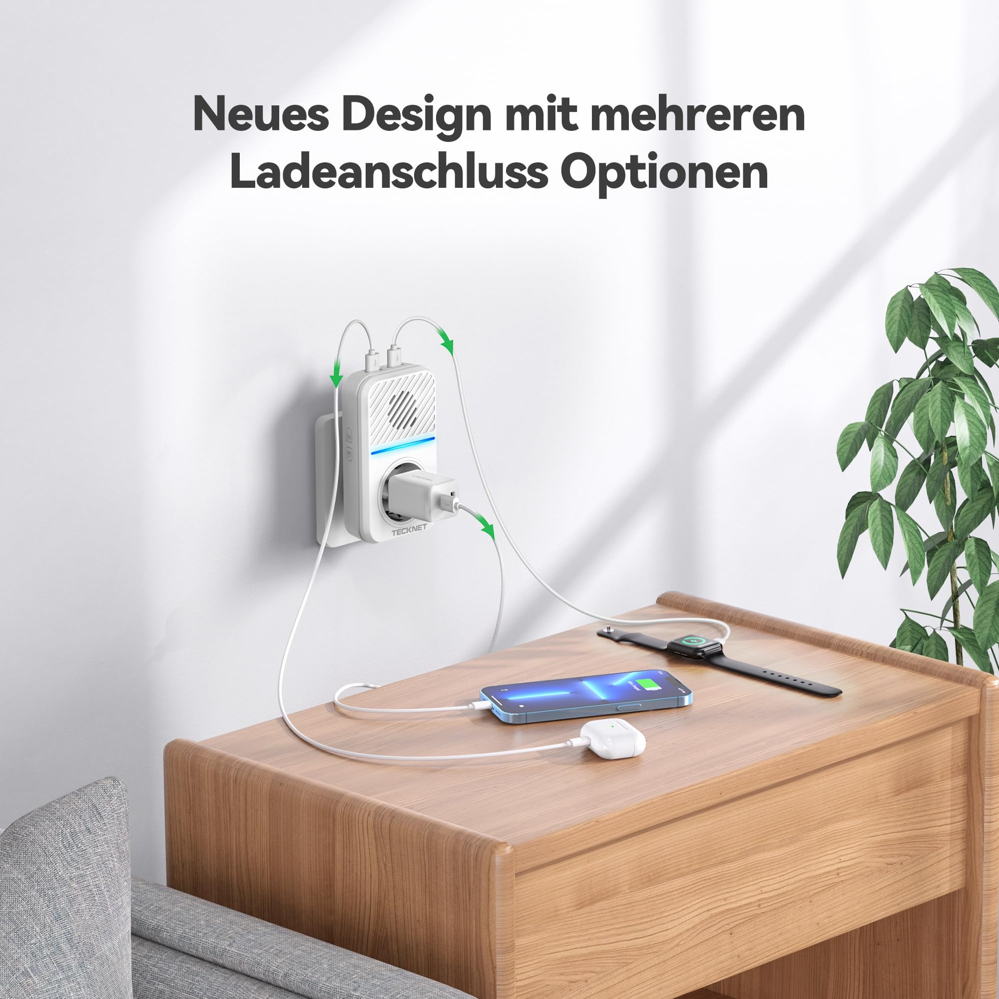 TECKNET Funkklingel Batterielose, Steckdosen Kabellose Türklingel, IP65 Wasserdicht Drahtloses Funk Türklingel mit 3 EU-Steckdose und 6 USB, 400m, 60 Laute Melodien, 5 Lautstärke Stufen, LED-Blinken