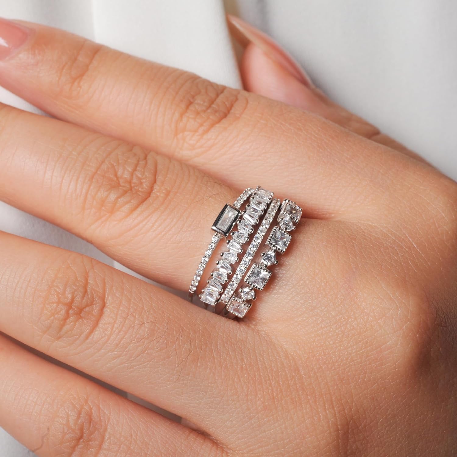 4 Pcs Cubic Zirconia Wedding Bands for Women 925 Sterling Silver, 14k White Gold Plated AAA CZ Solitaire Eternity Rings, Stackable Simulated Diamond Engagement Wedding Ring Sets for bride