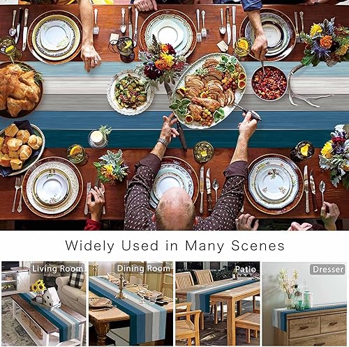 Miniatura 15 de Camino de mesa de algodón y lino estilo granja rústico retro, textura de madera de granero, color degradado marrón y gris, antideslizante,