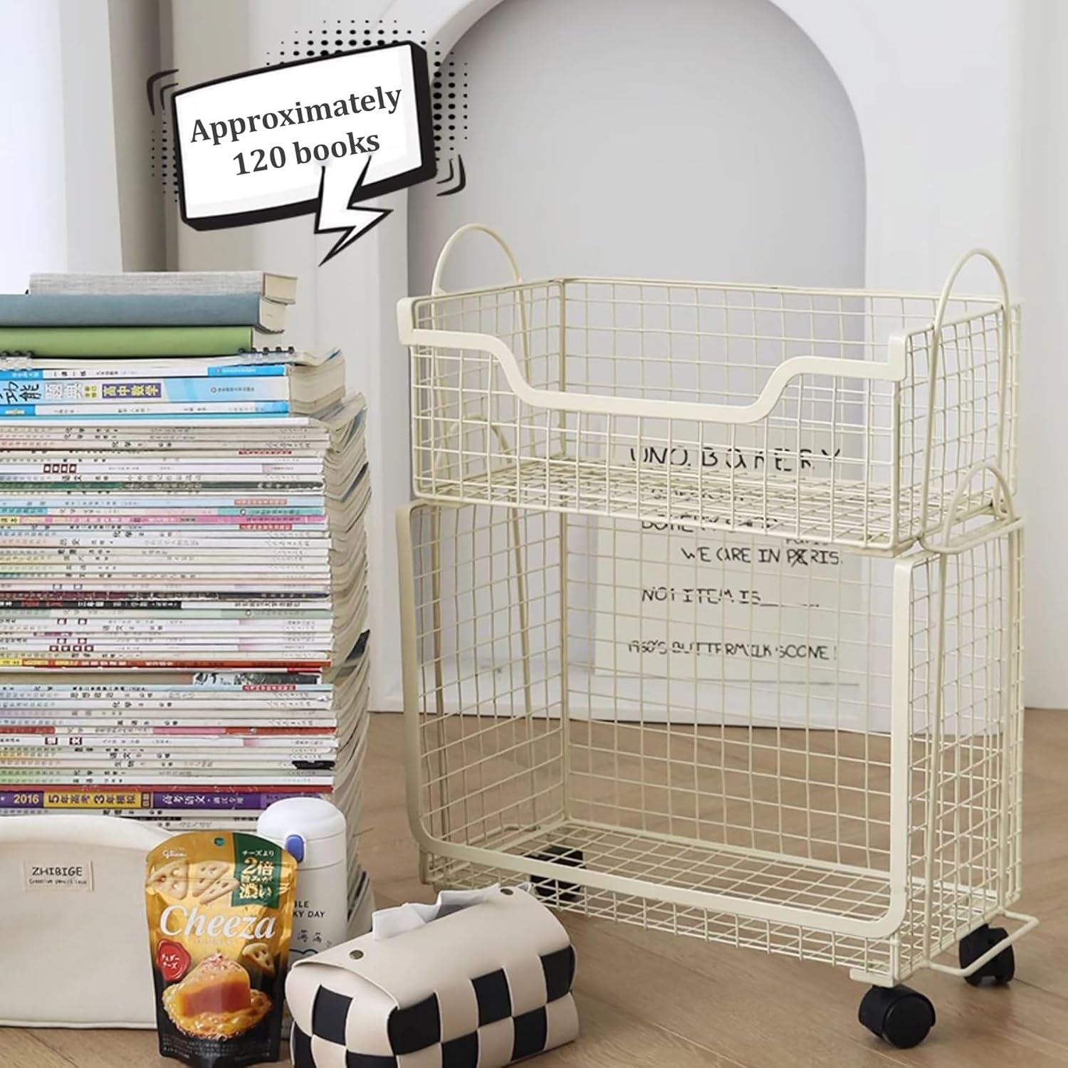 Book cartMobile Bookshelf Metal 2 Tier Open Bookshelf, Rolling Storage Utility cart Slim Organizer Shelf with Wheels for Offices, Classrooms, Libraries,Blue