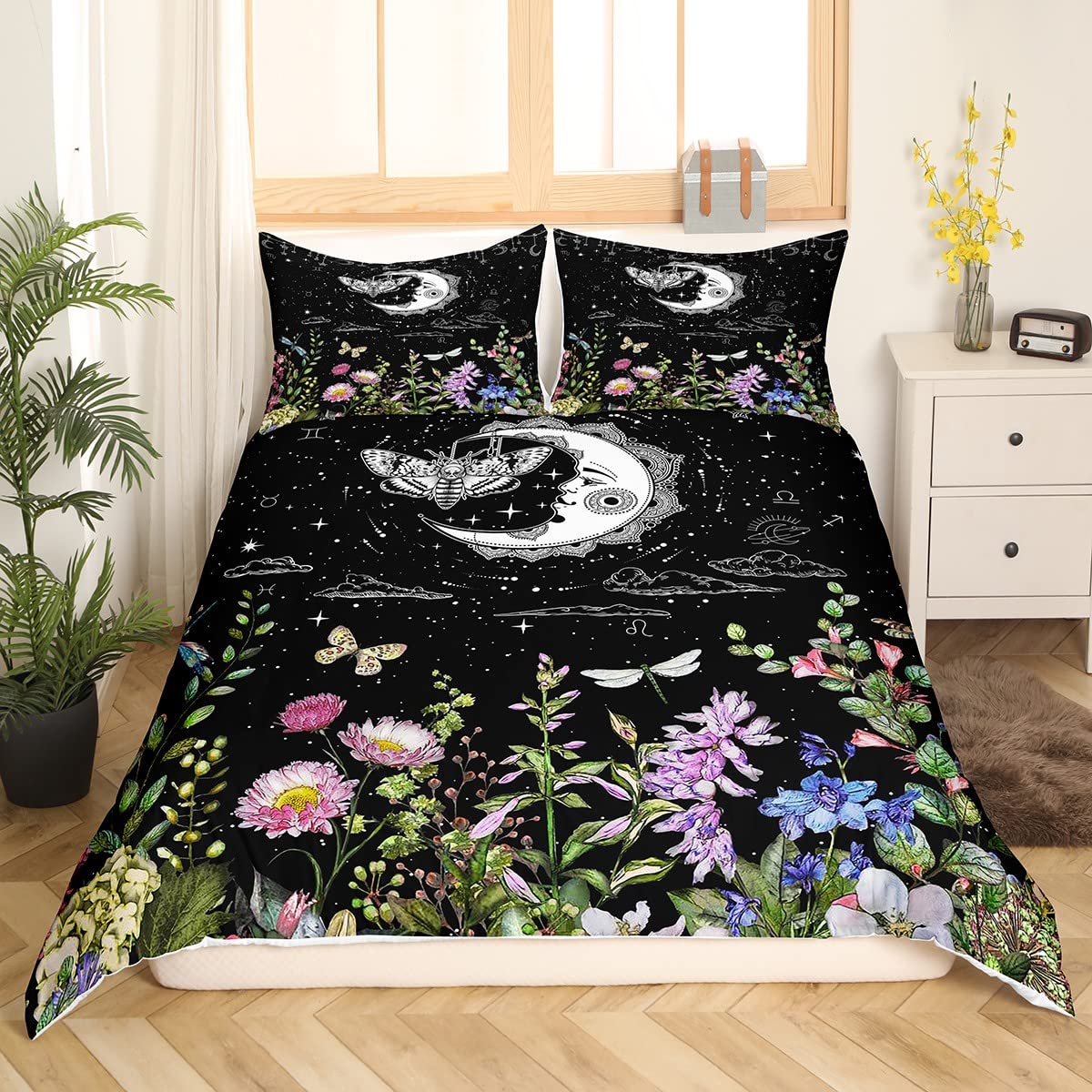 Homewish Boho Sun And Moon Moth Bedding Set Galaxy Black White Comforter Cover Gothic Sugar Skull Moth Duvet Cover Botanical Plant Floral Bed Set Dragonfly Rural Pastoral Style Room Decor King - Image 2