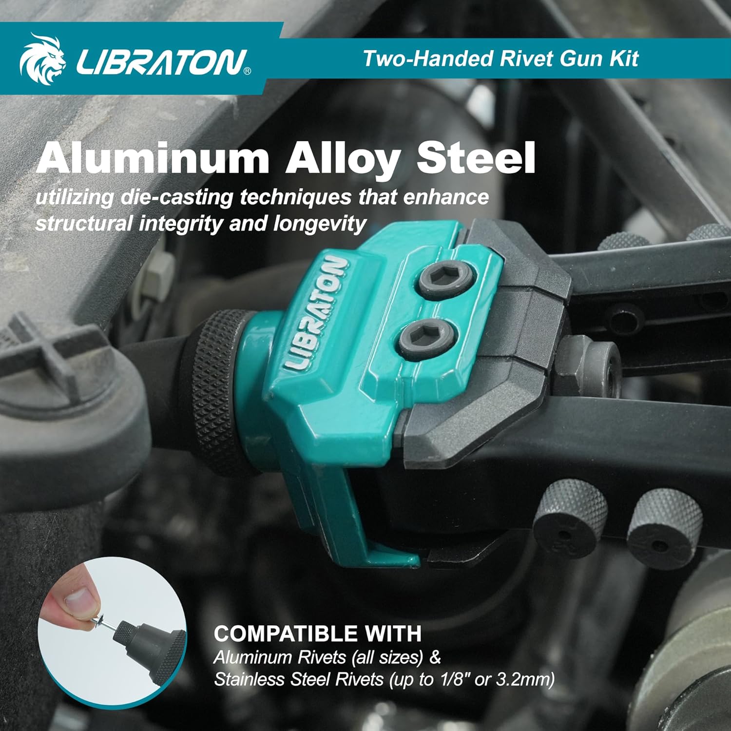 LIBRATON Pop Rivet Gun Kit, Two-Handed Rivet Gun, Heavy Duty Rivet Gun Kit, Pop Rivet Tool with 250 Aluminum Rivets in Box, 5 Tool-Free Interchangeable Nozzles, 5 HSS Drill Bits, for Automotive, Metal