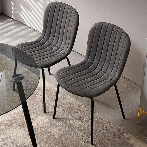 Vista 13 de Juego de 2 sillas de comedor, modernas sillas de comedor de piel sintética de mediados de siglo con patas de metal negro, cómoda silla de cocina