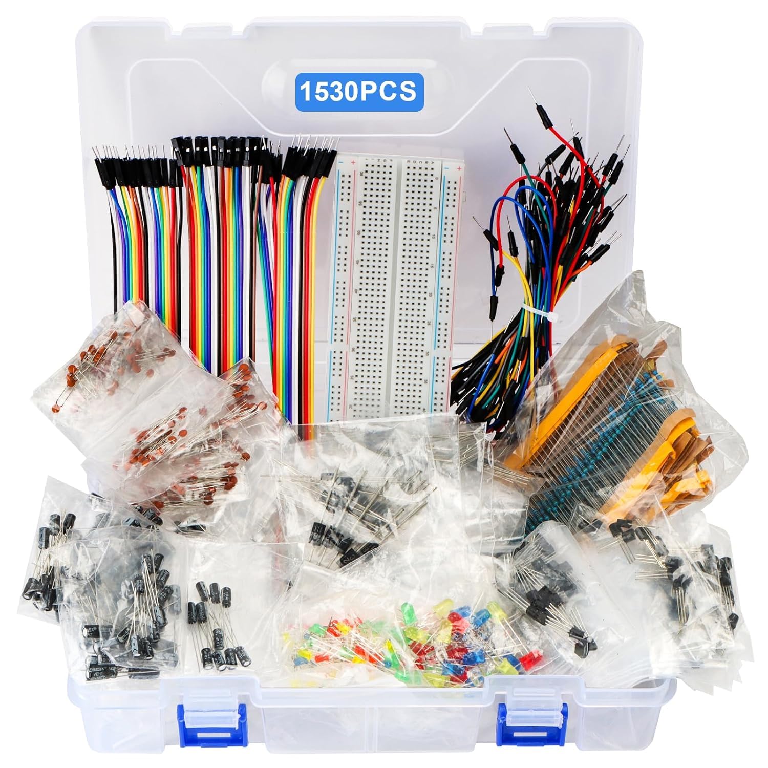 1530 Pièces Kit de Composants électroniques 9 types avec Résistance métallique,Condensateur,Diode,Diode LED,Transistor,Dupont Cable,Câble Jumper et Breadboard, pour UNO R3