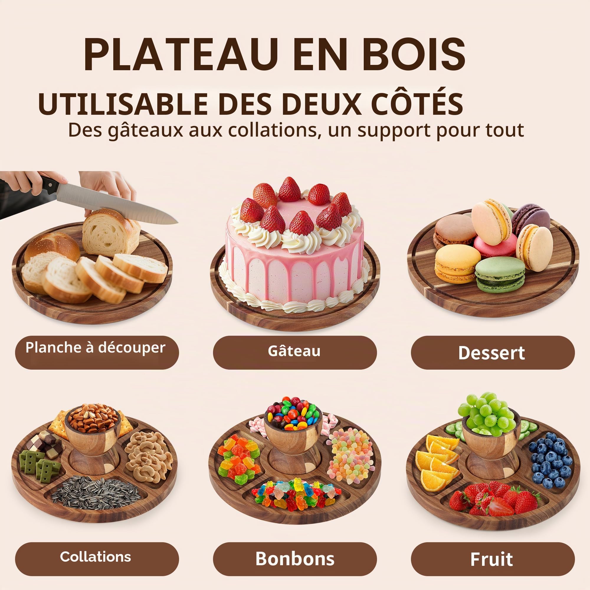 Présentoir à gâteau 30cm en bois | plateau gâteau double face, support gâteau multifonction avec socle amovible et cloche à gâteau PET transparente | Idéal mariage, fête, après-midi thé
