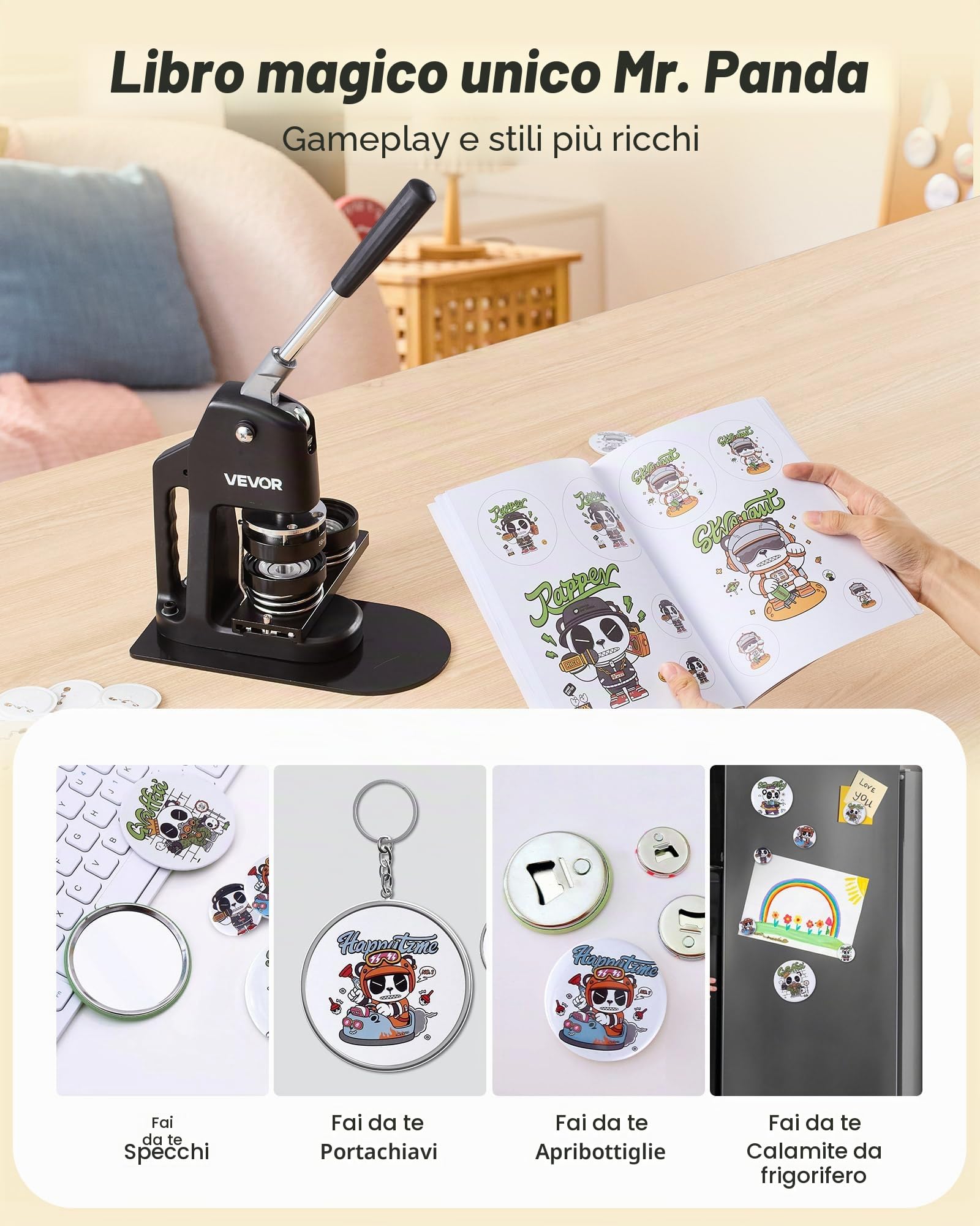 VEVOR Macchina per Spille, Macchina Punzonatrice Manuale con 300 pezzi di Badge Dimensioni 32/58/75mm, Impugnatura Ergonomica, per Spille Personalizzate Fai da te, Nero