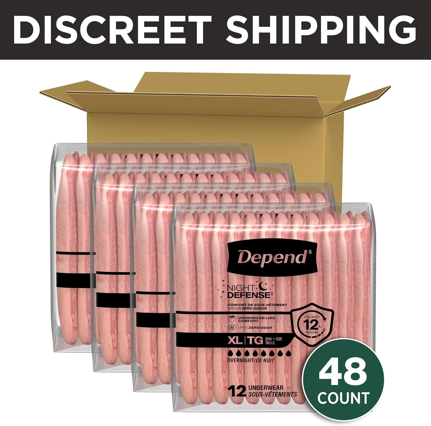 Depend Night Defense Adult Diapers, Incontinence & Postpartum Bladder Leak Underwear for Women, Disposable, Overnight, XL, Blush, 48 Count (4 Packs of 12), Packaging May Vary