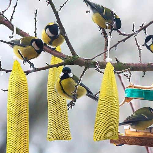 Miniatura 7 de Shappy 6 unidades de comederos de pinzones para colgar en exteriores, calcetines de cardo y pájaro para pájaros y semillas de cardo (amarillo, 3.94
