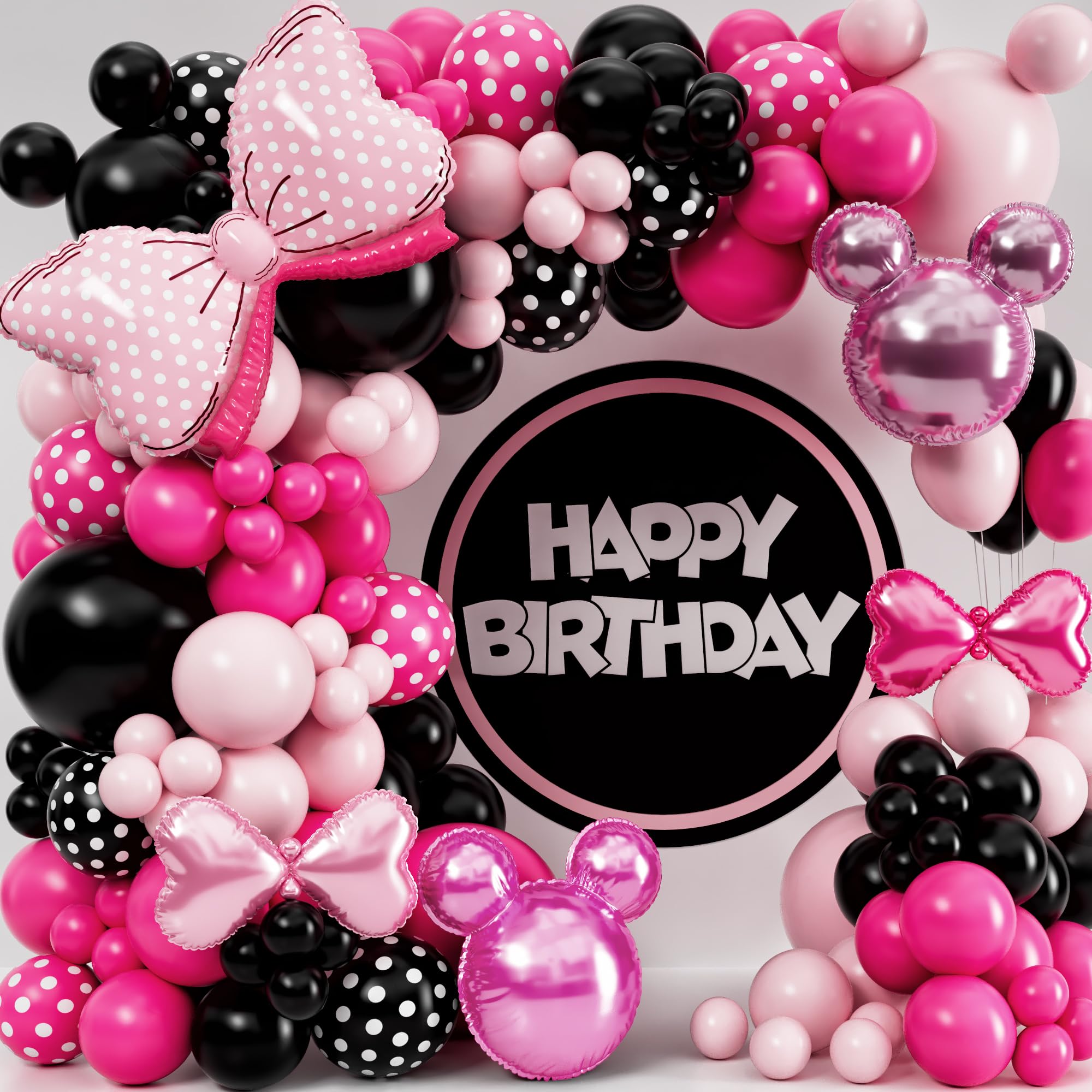 Photo 1 of ALL-IN-1 Pink and Black Balloon Arch Kit with BONUS Bow & Head Balloons - Pink and Black Cartoon theme Balloons for Birthday Decorations & Party Supplies for Girl Birthday Party, Baby Shower