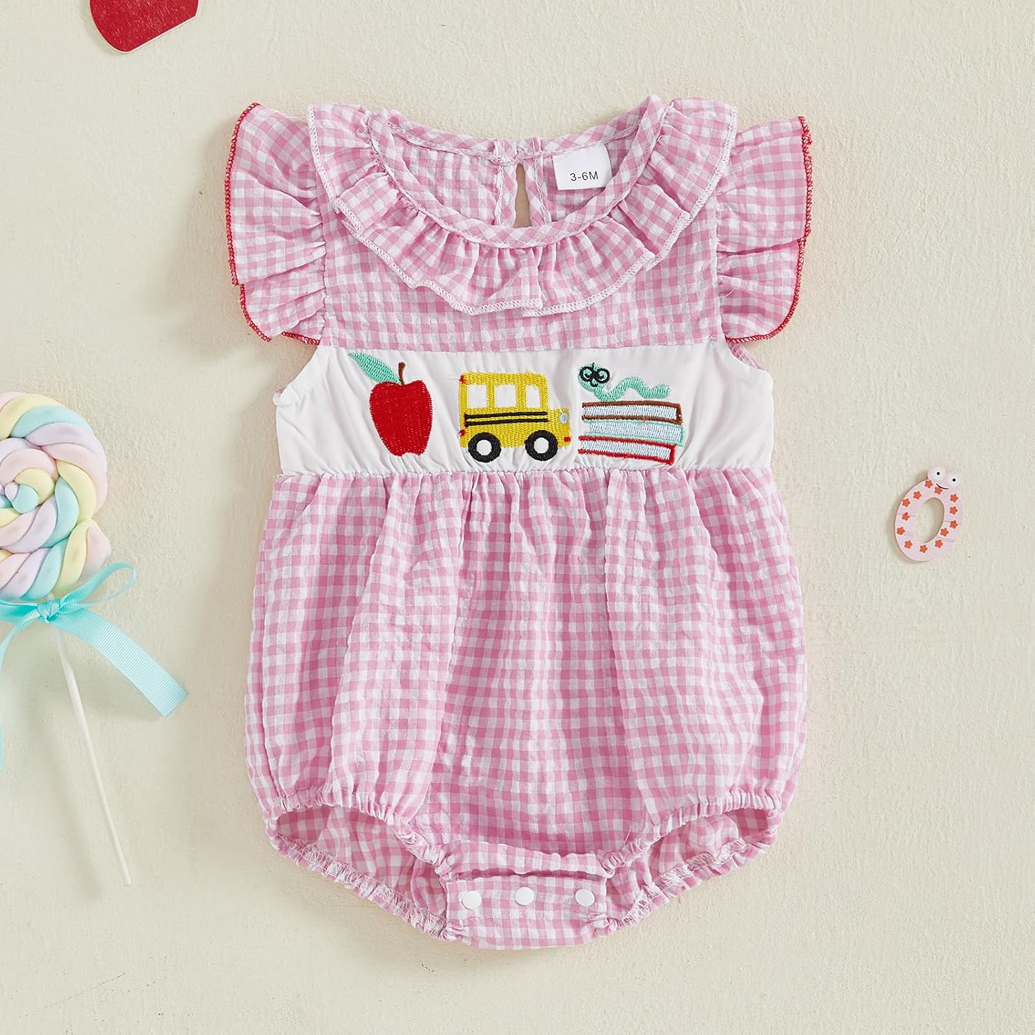 Kayotuas Baby Girl Summer Clothes Cute Smocked Bubble Romper Fly Sleeve Ruffled Doll Collar Letter Embroidery Bodysuit Dress image 2