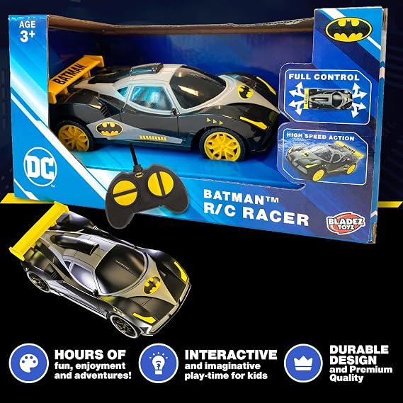 Batman Remote Control Car – 1:28 Scale RC Car Racer with Full Function Drive, Rubber Tyres & Easy Handset for Kids Ages 3+ – Official DC Licensed Toy for Racing Fun, Bladez RPM by Bladez Toyz