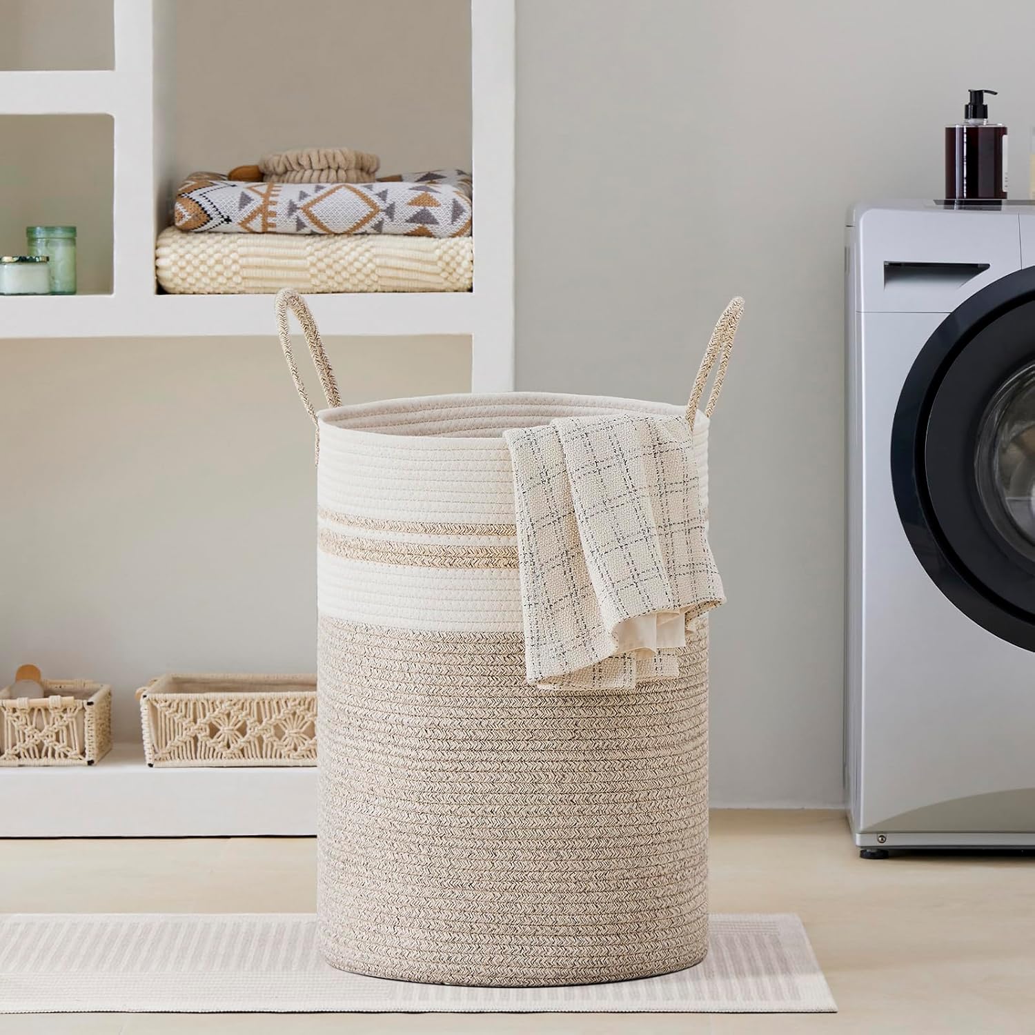 VIPOSCO Large Laundry Hamper, Tall Woven Rope Storage Basket for Blanket, Toys, Dirty Clothes in Living Room, Bathroom, Bedroom - 72L Brown & White