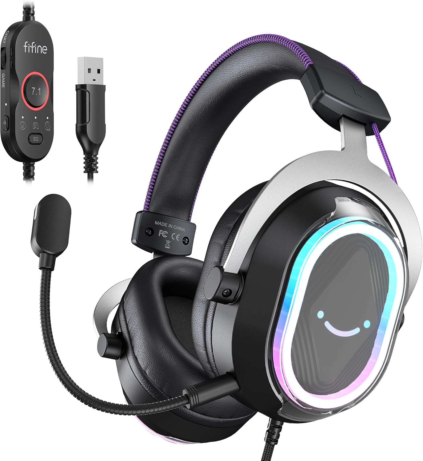 FIFINE Wired Gaming Headset: 7.1 Surround Sound – Vibrant RGB Lighting – NC Mic – Ergonomic Ear Pads – Control Box, Streaming USB Headset for PC, PS5/PS4, Laptop, Mac – AmpliGame H13BP (Black&Purple) FIFINE Wired Gaming Headset: 7.1 Surround Sound – Vibrant RGB Lighting – NC Mic – Ergonomic Ear Pads – Control Box, Streaming USB Headset for PC, PS5/PS4, Laptop, Mac – AmpliGame H13BP (Black&Purple)