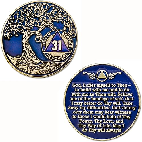 Miniatura 118 de 17 años Sobriety Mint Twisted Tree of Life - Medallón de recuperación AA/NA chapado en oro, fichas y fichas, color blanco