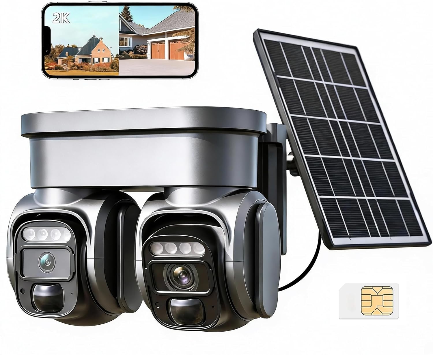 4G LTE Solar Security Camera Outdoor, No WiFi Needed, Dual Lens 360° View, 2K Color Night Vision, Cellular Security Camera with Built-in SIM, PIR Motion Alerts, 2-Way Talk, IP66 Waterproof