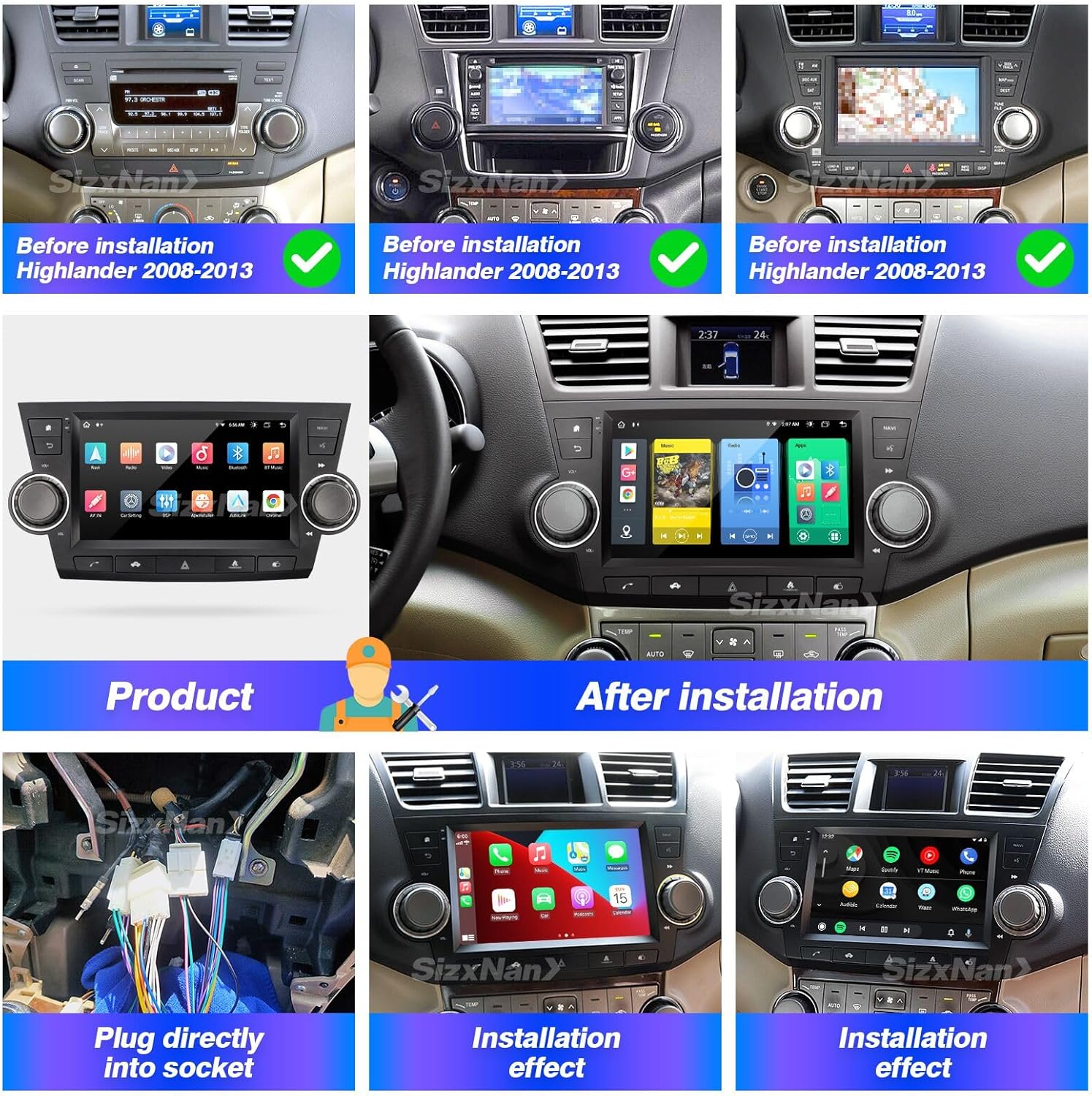 for Highlander Upgrade Android Radio Compatible with Carplay Android Auto,Car Stereo Touch Screen Bluetooth Navigation Media Player GPS WiFi FM/AM Rear Camera for Toyota Highlander 2008-2013