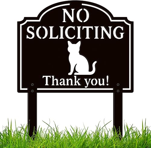 ComboJoy No Soliciting Sign for House, Metal No Soliciting Yard Sign with Stake, Sturdy Hollowed-Out Cat Design, Three Ways to Use, Outdoor No Soliciting Signs for Home and Front Door